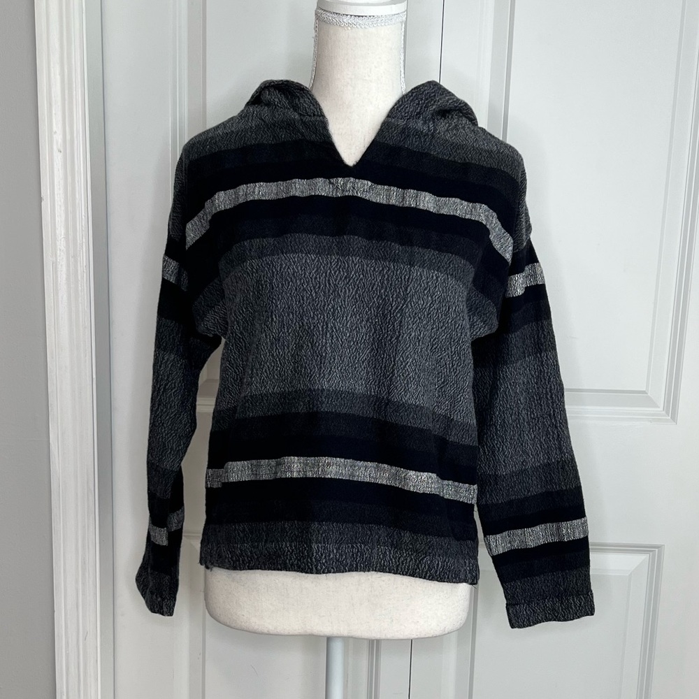 Lemlem Grey Blue Striped Hooded Sweater Cropped Wool Cotton Woven Hoodie Beachy